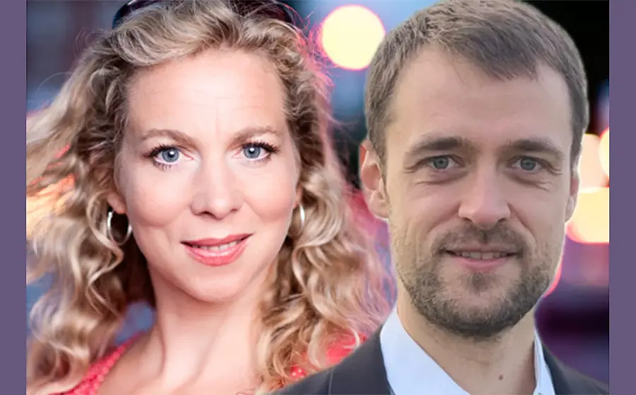 Collage aus zwei Portraits von zwei Personen, die direkt in die Kamera blicken, vor buntem, verschwommenen Hintergrund