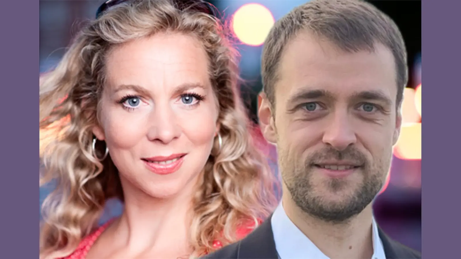 Collage aus zwei Portraits von zwei Personen, die direkt in die Kamera blicken, vor buntem, verschwommenen Hintergrund