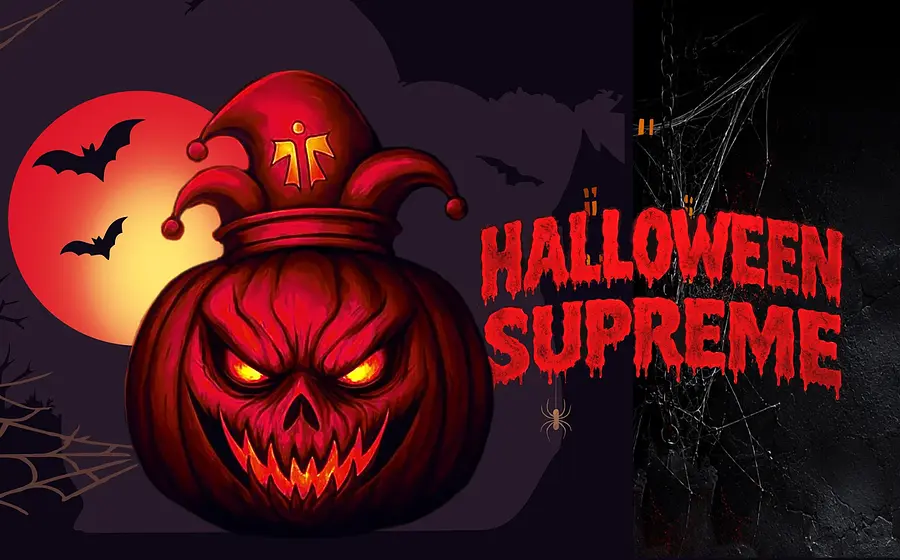 Plakat Halloween Supreme mit einem Kürbs, im Hintergrund die die Silhouetten von zwei Fledermäusen vor einer Sonne