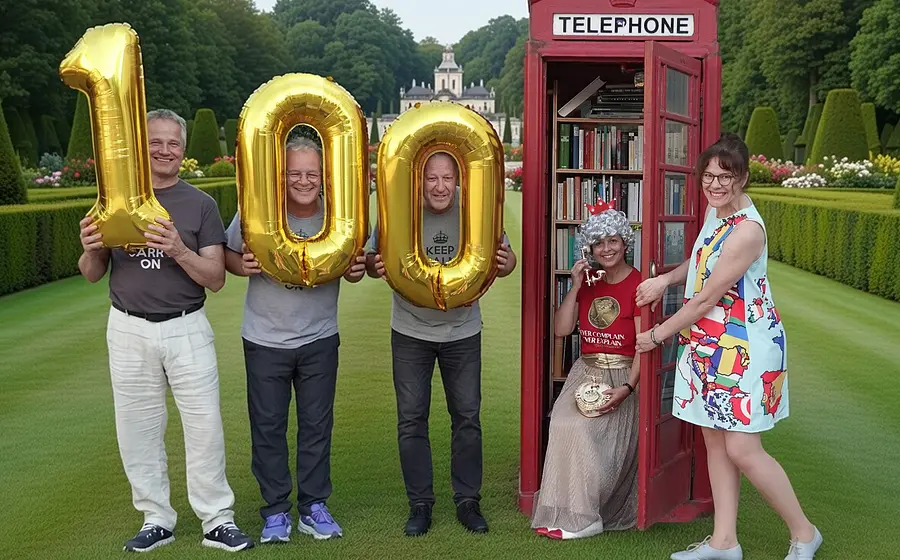 Fünf Personen in einem gepflegten Parkgarten, drei halten goldene Luftballons in Form der Zahl 100, daneben eine rote britische Telefonzelle mit Büchern, in der eine kostümierte Person mit Telefon sitzt, sowie eine weitere Person in gemustertem Kleid vor der geöffneten Tür