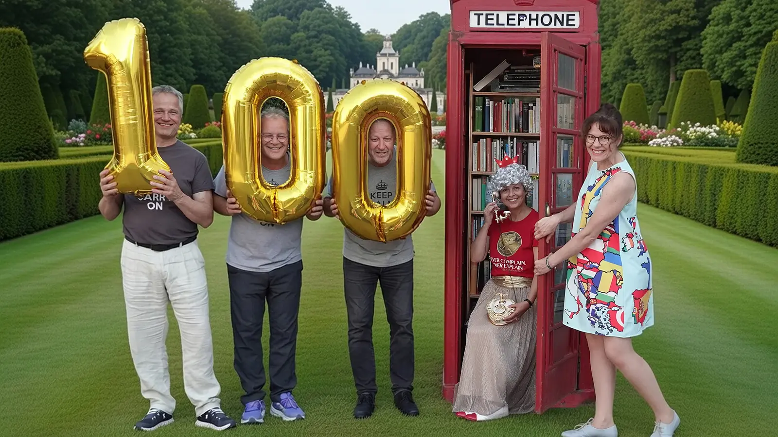 Fünf Personen in einem gepflegten Parkgarten, drei halten goldene Luftballons in Form der Zahl 100, daneben eine rote britische Telefonzelle mit Büchern, in der eine kostümierte Person mit Telefon sitzt, sowie eine weitere Person in gemustertem Kleid vor der geöffneten Tür
