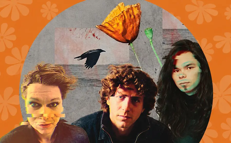 Künstlerische Collage mit drei Porträts vor orangefarbenem Hintergrund mit Blumenmustern. Eine große orange Blüte, ein schwarzer Vogel und grafische Überlagerungen ergänzen die verfremdeten Porträts im Collage-Stil.