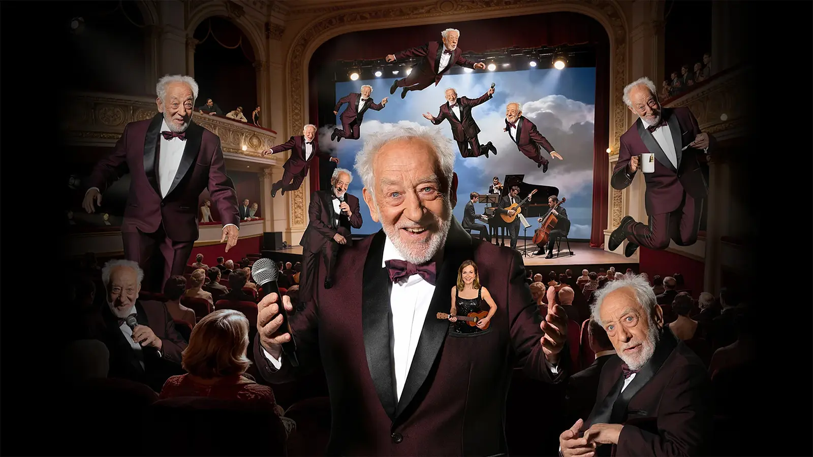 Collageartige Szene in einem historischen Theater mit Publikum und Bühne. Mehrere Darstellungen derselben Person im dunklen Anzug mit Fliege sind im gesamten Bild verteilt, darunter auf der Bühne, im Zuschauerraum und scheinbar schwebend vor einer Kulisse aus Wolken. In der Bildmitte hält eine große Figur ein Mikrofon und steht im Vordergrund vor dem Publikum. Auf der Bühne sind außerdem mehrere Musikerinnen und Musiker mit verschiedenen Instrumenten zu sehen. Die theatralische Inszenierung verbindet Kabarett, Musik und Fantasieelemente in einer opulenten Bühnenatmosphäre.